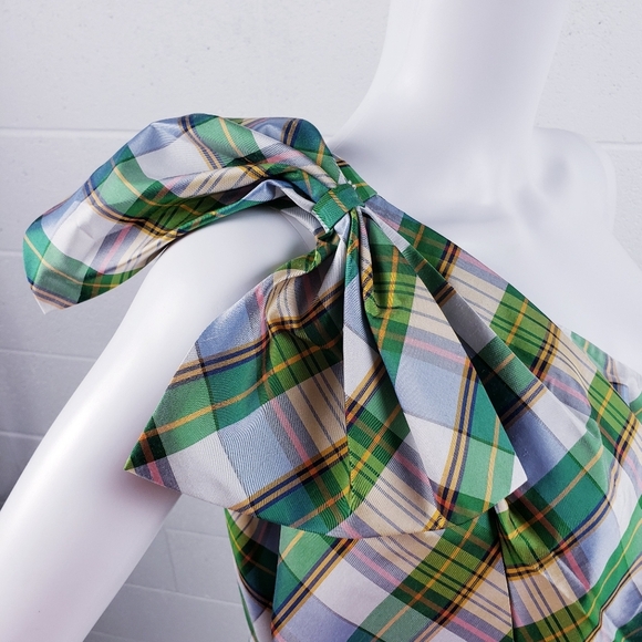 J Crew One Shoulder Sheath Dress Bow Faux Wrap Green Plaid Silk Blend Size 14 - Picture 8 of 11